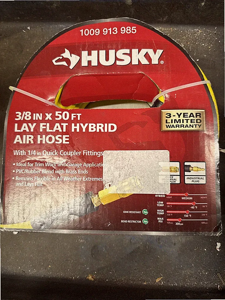 Husky 3/8 in X 50 Ft Lay Flat Hybrid Air Hose With 1/4” Coupler Fittings